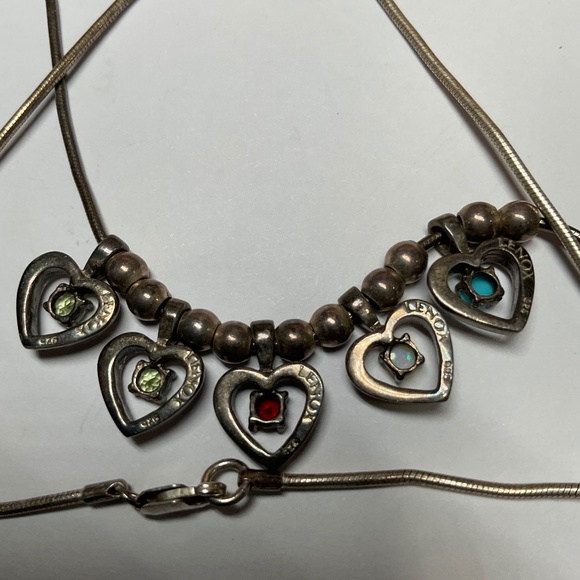 Vintage Sterling Silver LENOX Multi Gemstone Heart Shapes Necklace. 19” long - Picture 4 of 6